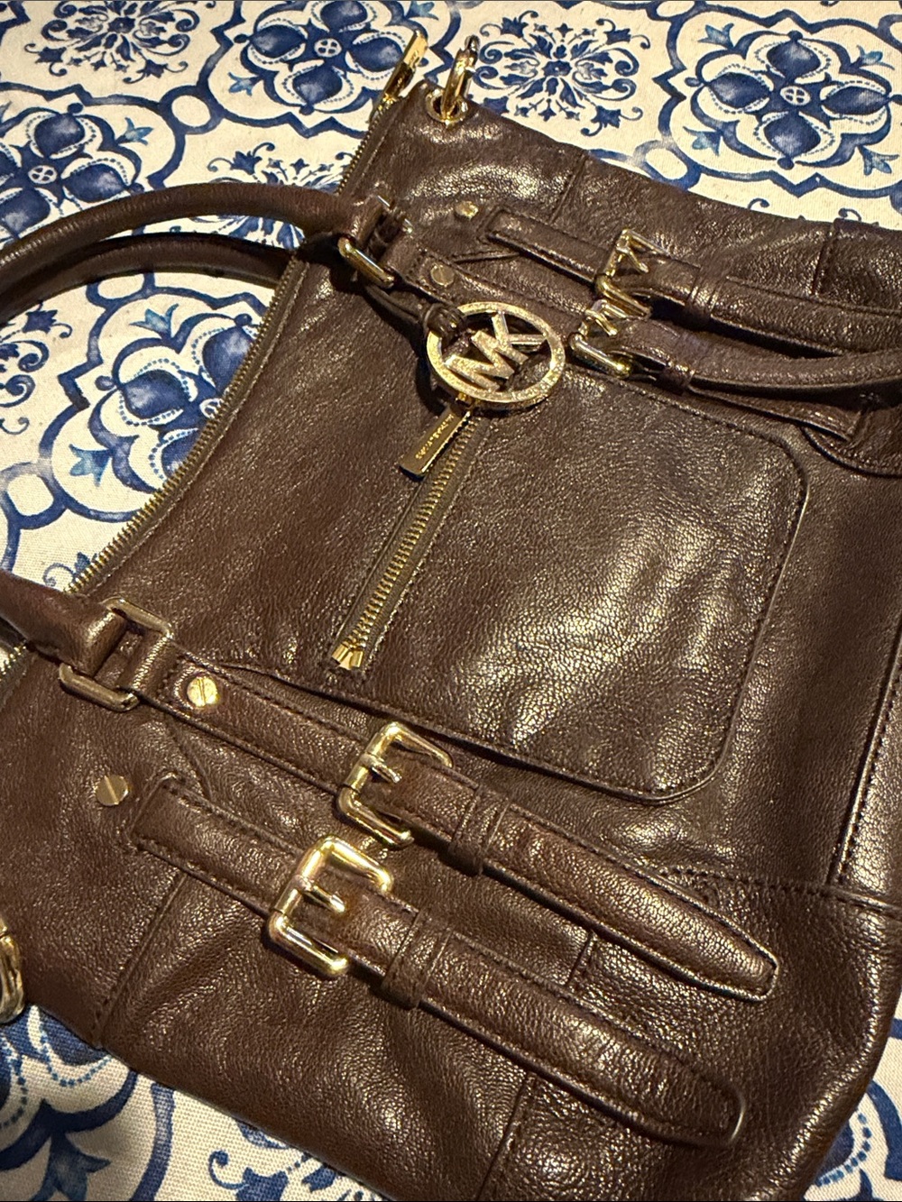 Michael Kors Dark Brown Leather Shoulder Bag with Gold Hardware
